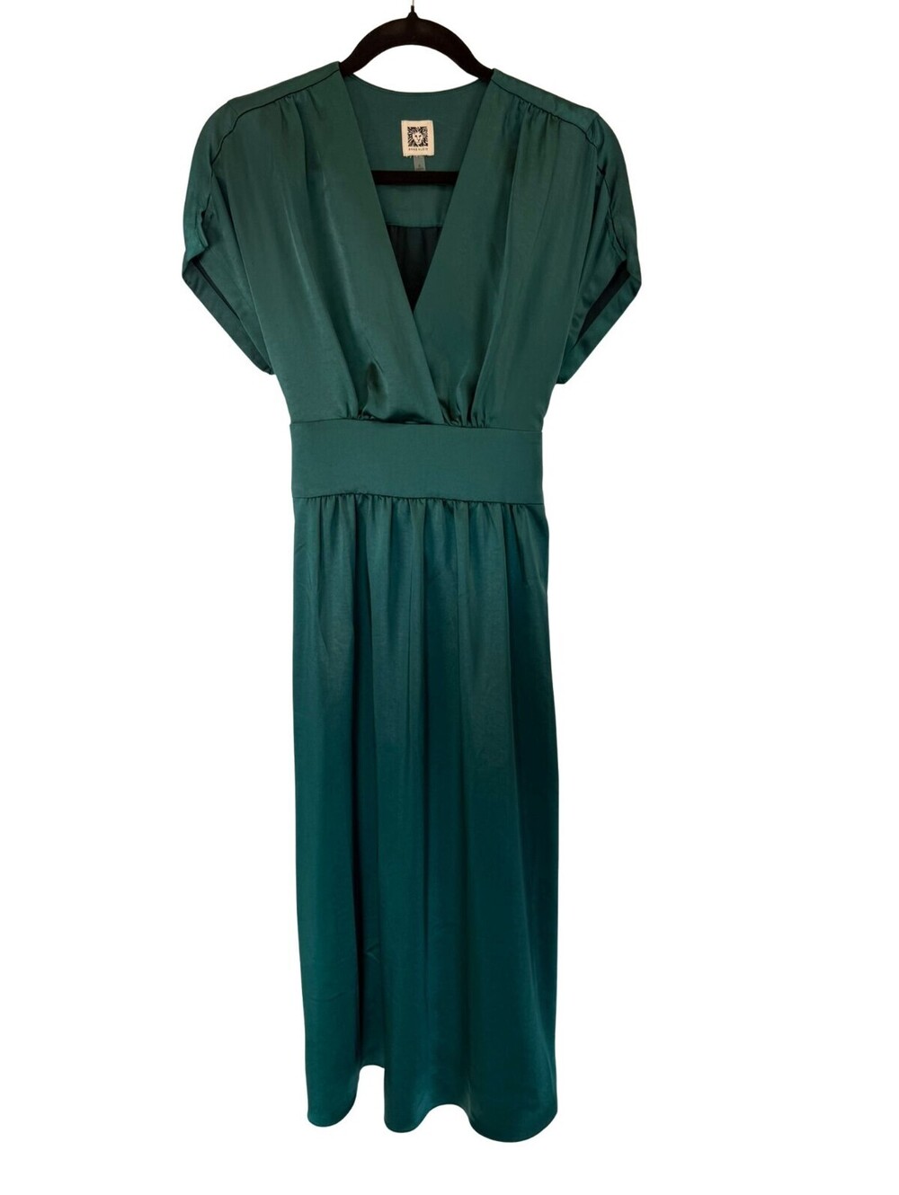Anne Klein Emerald Green Satin V Neck Cap Sleeve Tie Back Dress Size 4